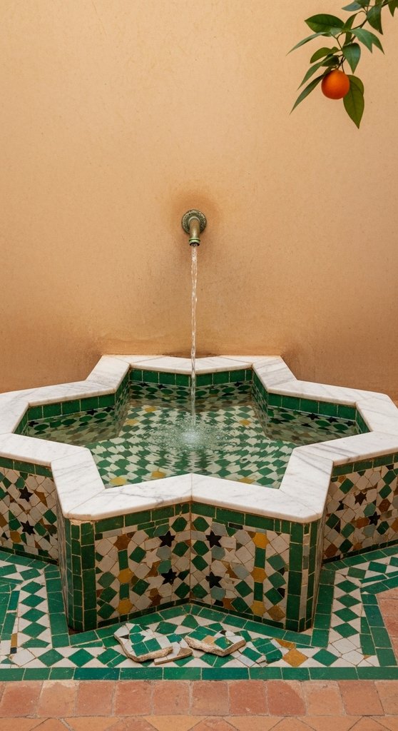 Tadelakt Wall and Zellige Fountain — Marrakech Courtyard