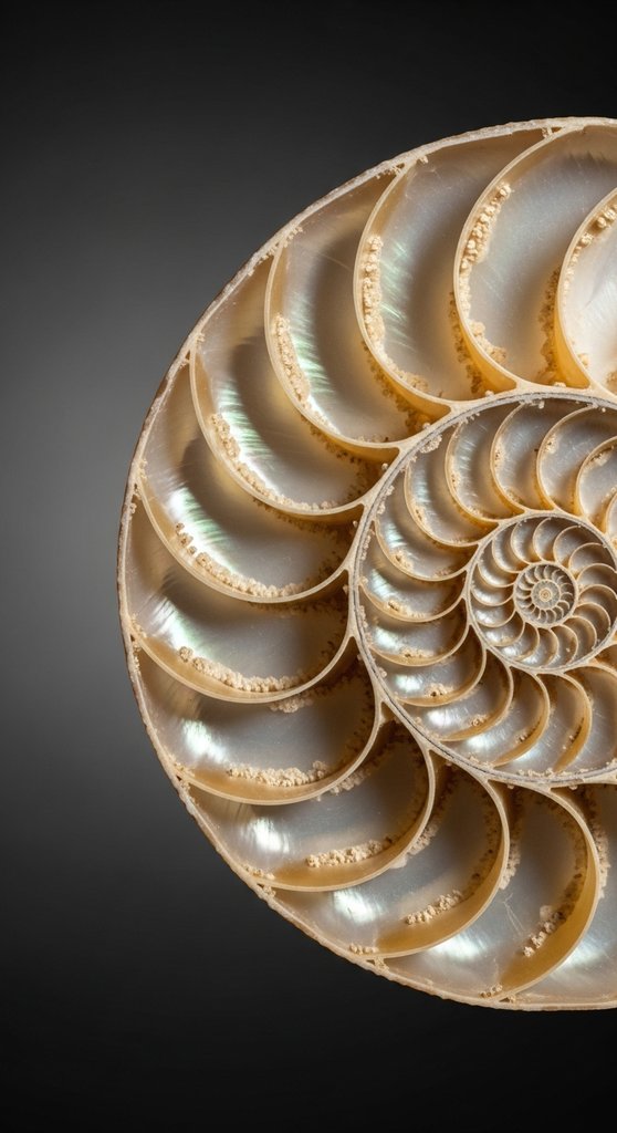 Nautilus Spiral — Mother‑of‑Pearl Macro Vertical