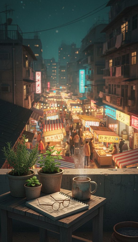 Rooftop Garden Over the Night Market