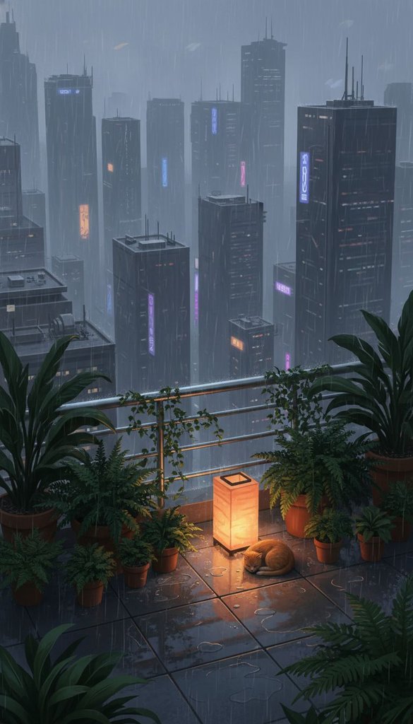 Rainlit Rooftop Garden Over the City