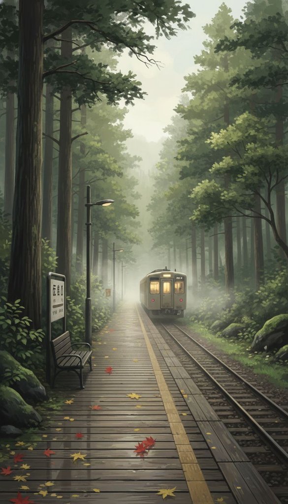 Misty Forest Train Platform at Dawn
