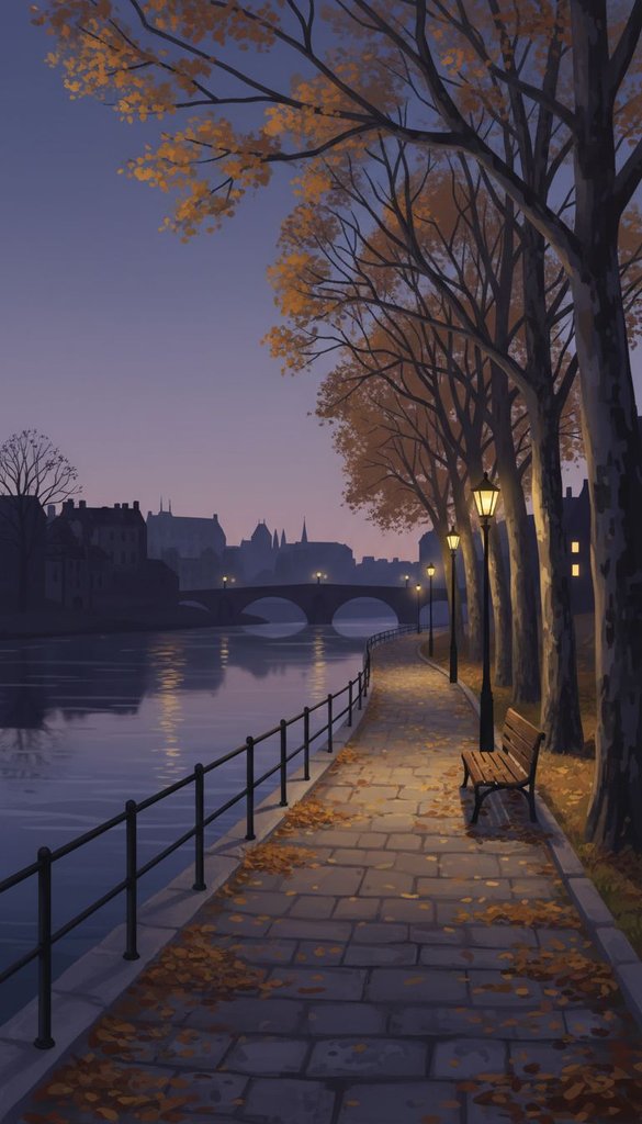 Late Autumn Riverside Promenade at Sundown