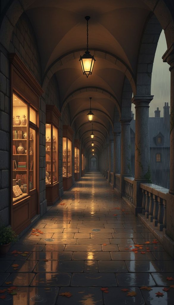 Rainy Evening Under the Old Arcade