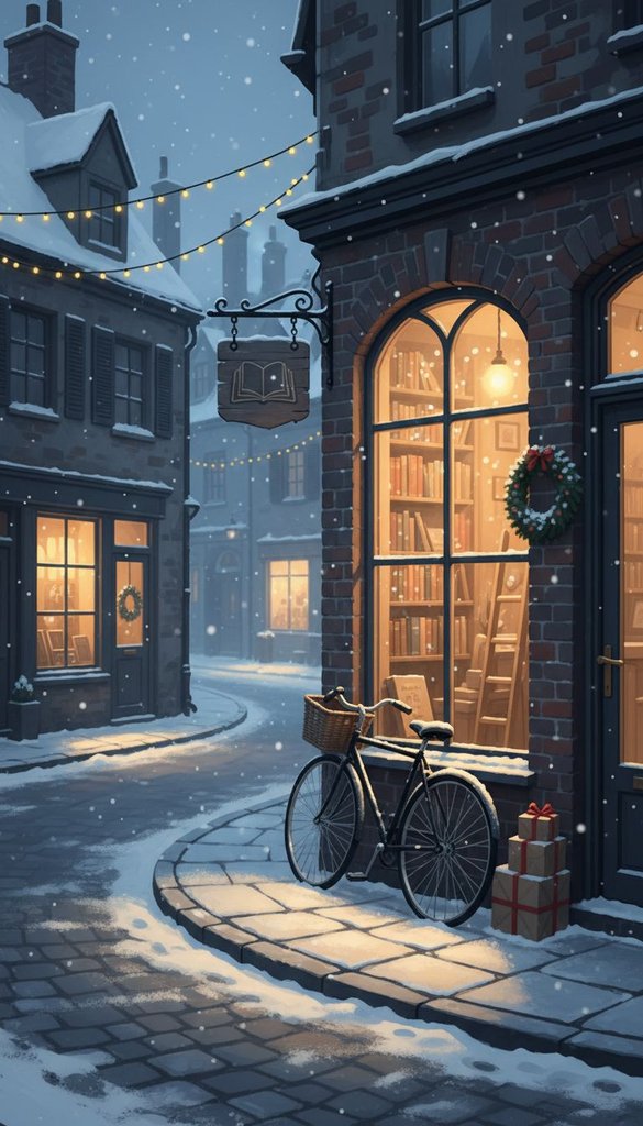 Snowy Corner Bookshop at Dusk