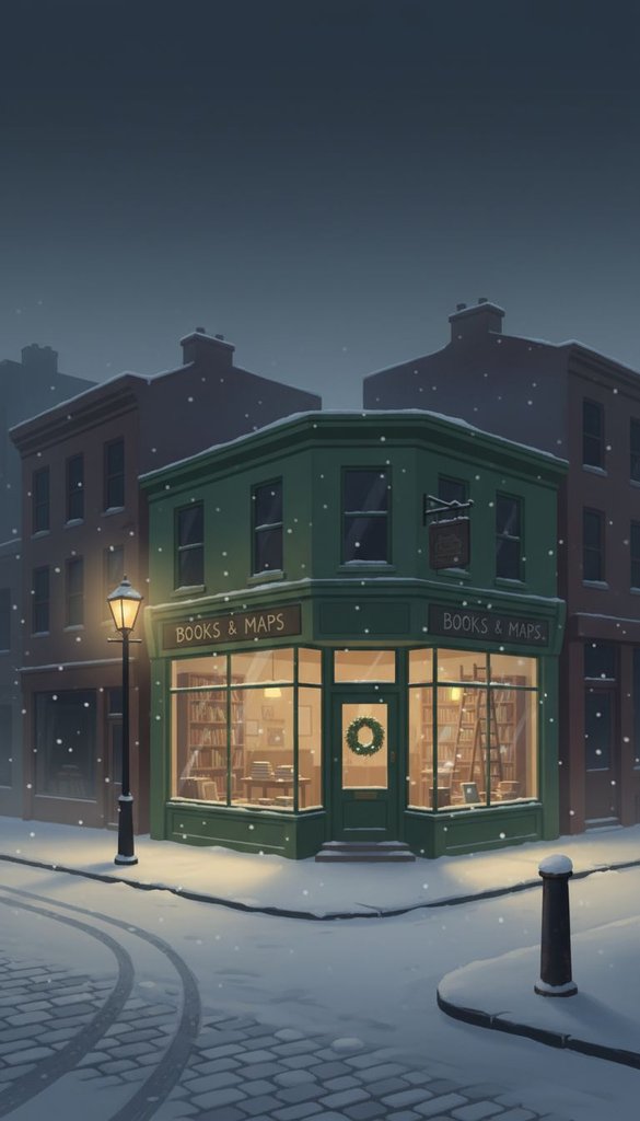 Corner Bookshop in December Snow
