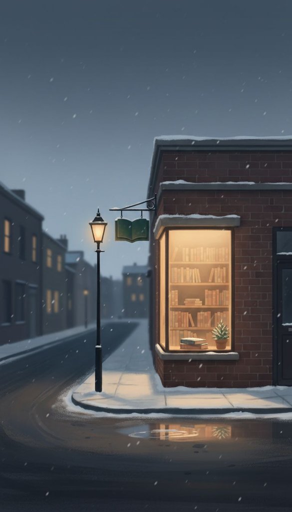 Corner Bookshop in December Snowfall