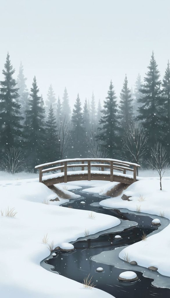 Quiet Snowy Footbridge Over Winter Creek