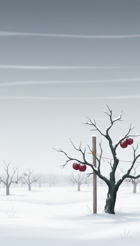 Quiet Winter Orchard with Red Apples