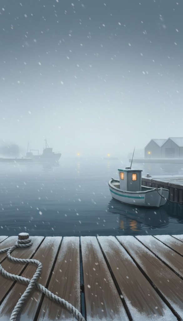 Quiet Snowy Harbor Pier at First Light
