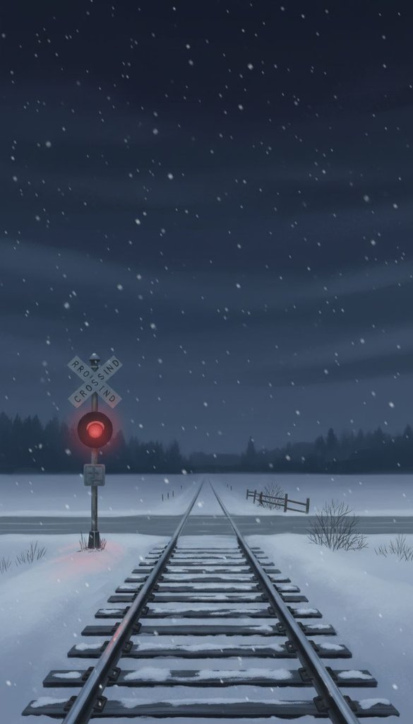 Snowy Country Crossing with Red Signal Light