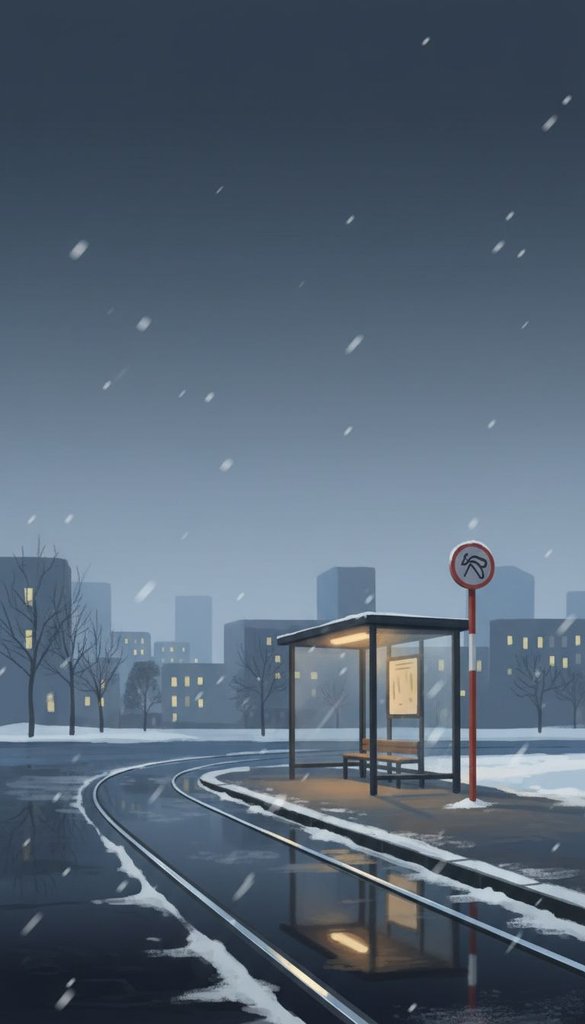 Quiet City Tram Stop in Falling Snow