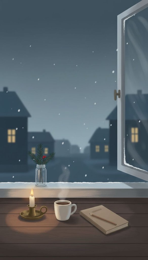 Candlelit Desk by a Winter Window at Night