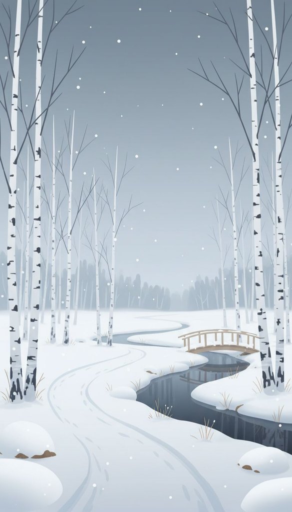 Quiet Winter Birch Grove After Snowfall