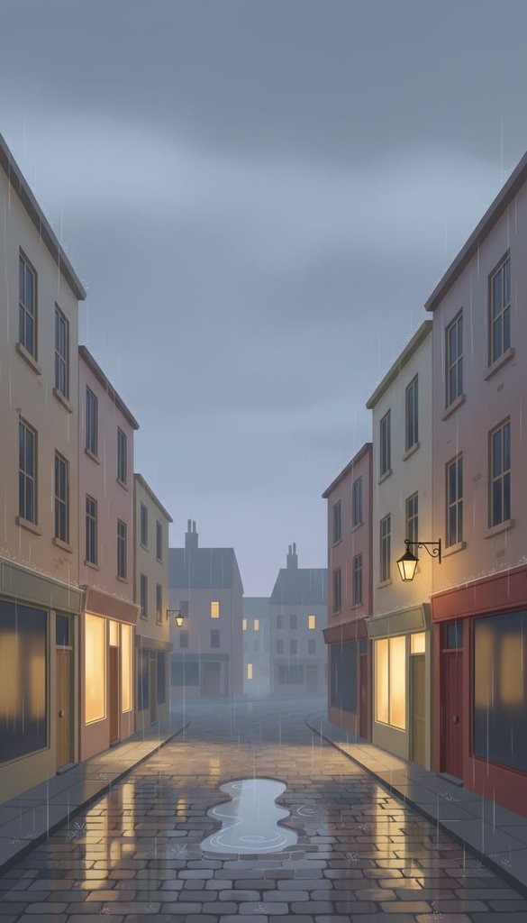 Rainy Old Town Street at Dusk