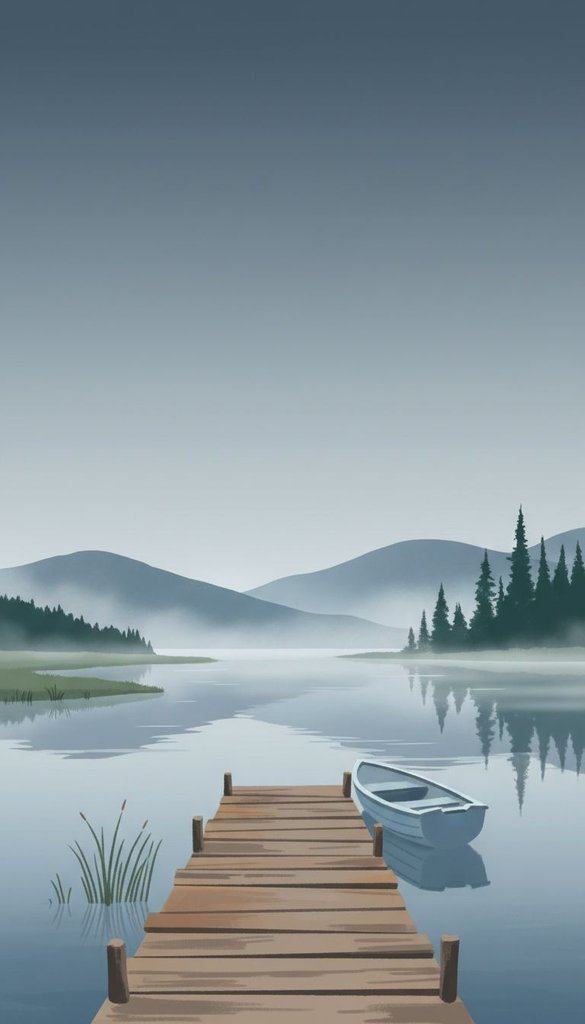 Still Lakeside Pier in Morning Mist