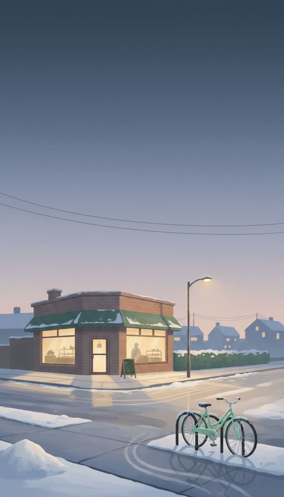 Snowy Corner Bakery at Dawn