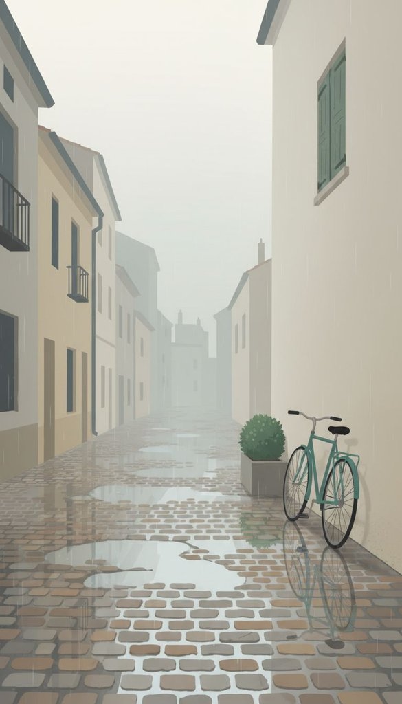 Rain-Glossed Side Street with Bicycle