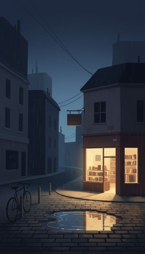 Rainy Street Outside a Corner Bookshop