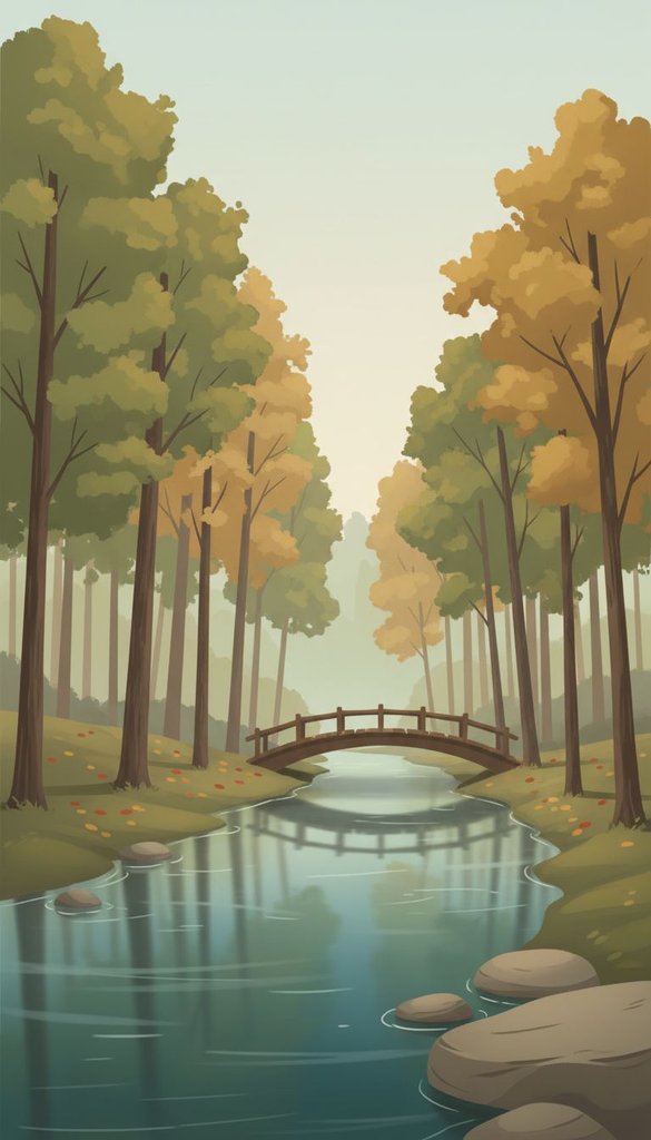 Autumn Wooden Bridge Over Forest River