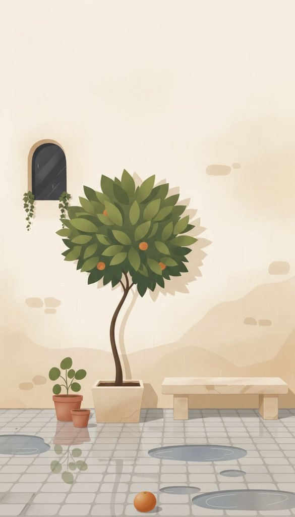 Rain-Kissed Courtyard Orange Tree