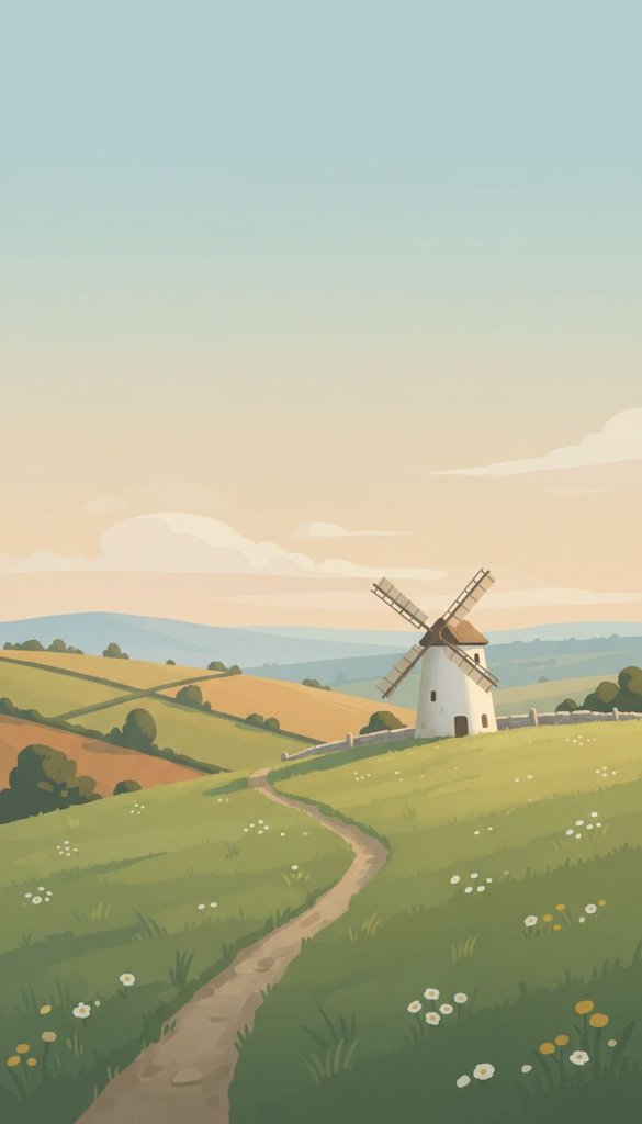 Golden Hilltop Windmill Over Fields