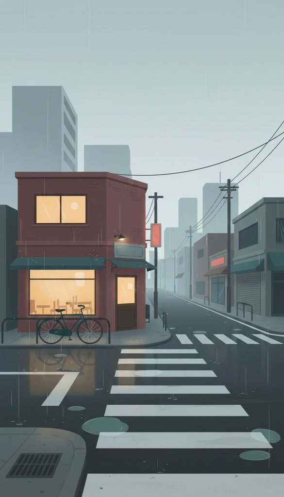 Rainy Streetcorner with Quiet Café Sign