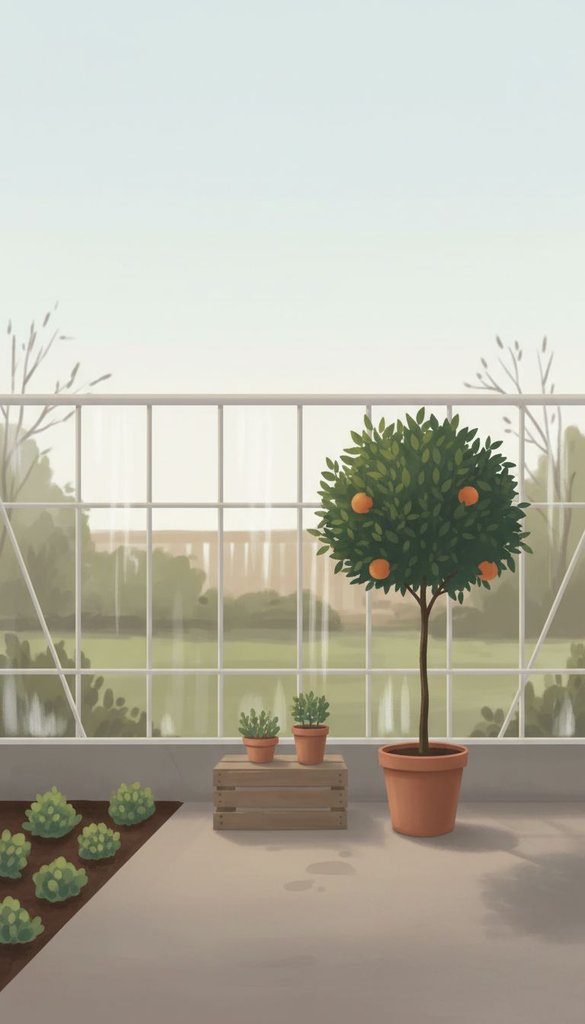 Sunlit Greenhouse Corner with Potted Orange Tree