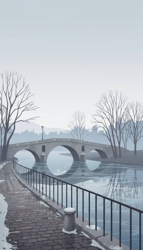 Misty Riverside Arch Bridge at Late Winter Dawn
