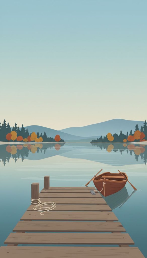 Still Mountain Lake Dock at Early Autumn Morning
