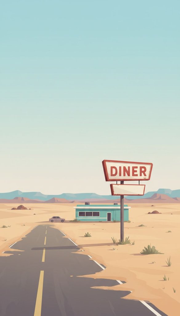 Quiet Desert Highway Diner Sign at Morning
