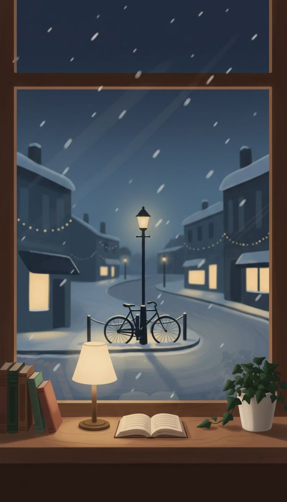 Snowy Bookshop Window on Quiet Street Night