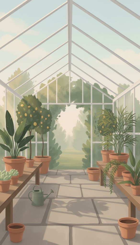 Sunlit Greenhouse Aisle in Early Morning
