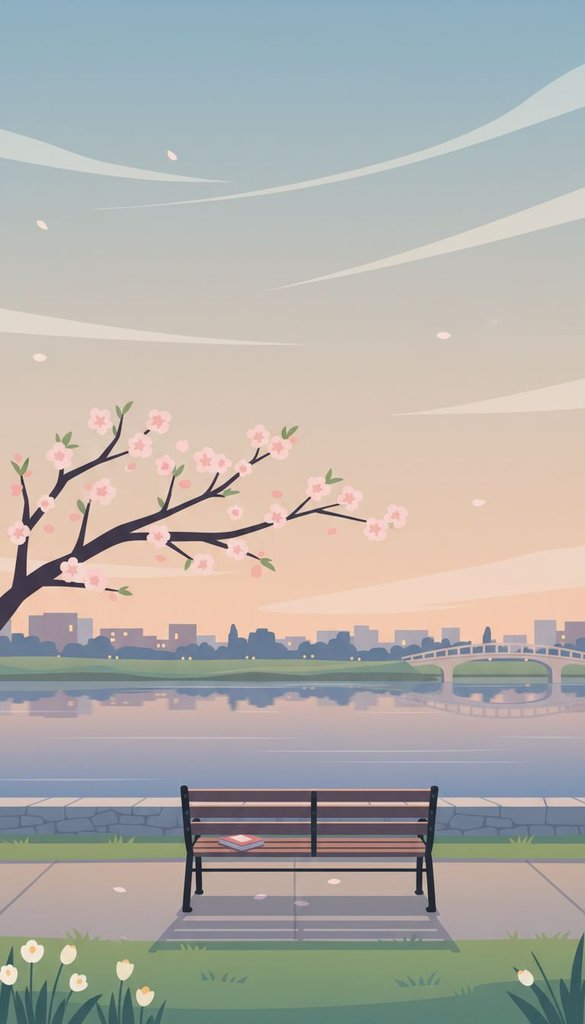 Riverside Bench Under Early Blossom Evening