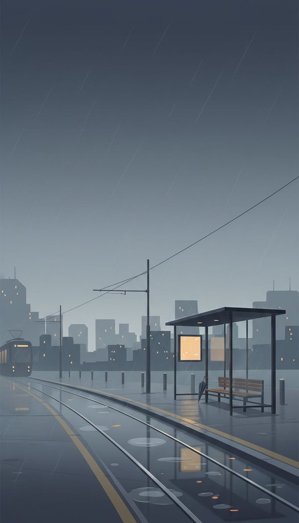 Rainy Evening Tram Stop