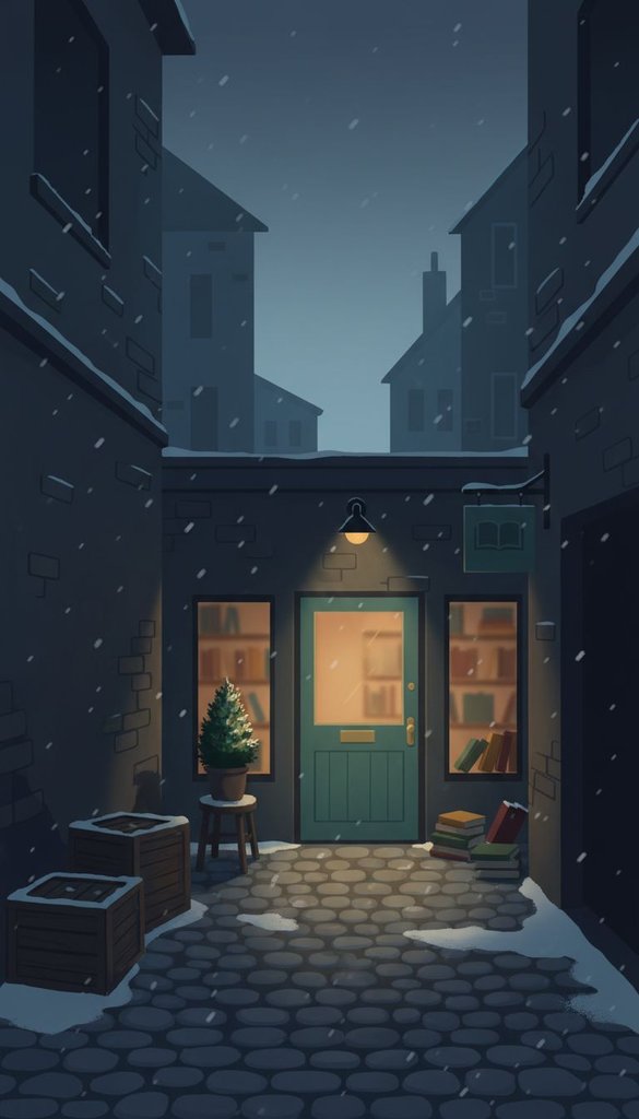 Snowy Side Street Bookshop Entrance