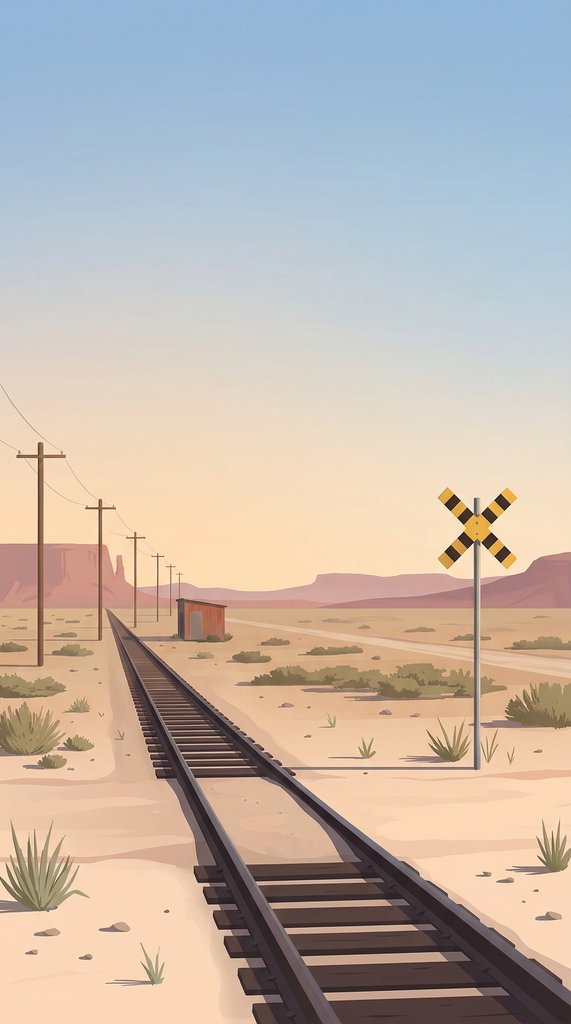 Quiet Desert Rail Crossing at Golden Hour