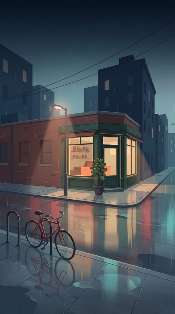 Rainy Corner Café at Night