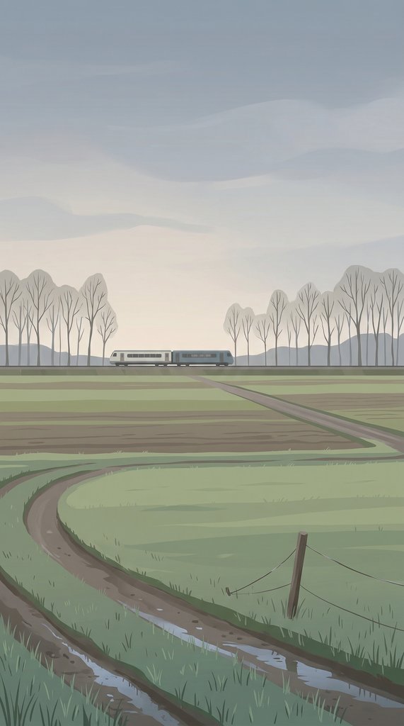 Overcast Spring Field and Distant Train