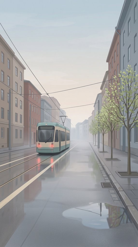 Quiet Morning Tram Street in Early Spring Rain