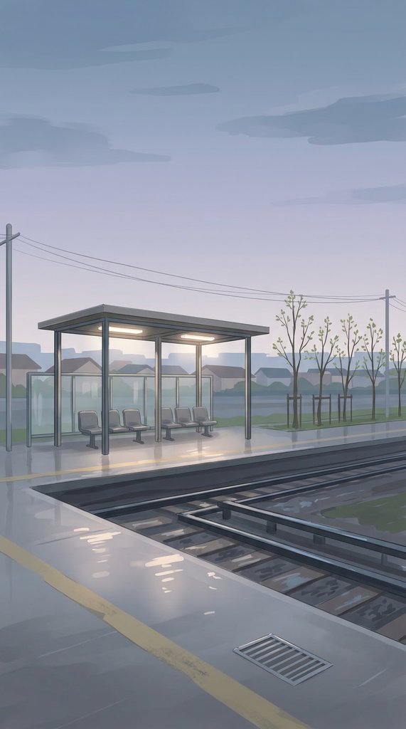 Rain-Soaked Station Platform in Early Spring Evening