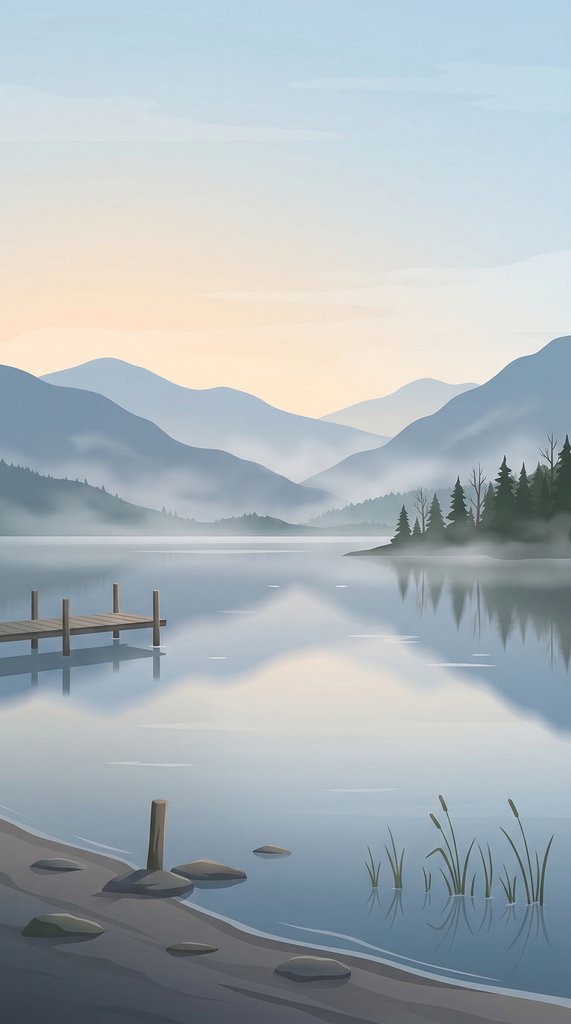 Misty Mountain Lake in Early Spring Dawn