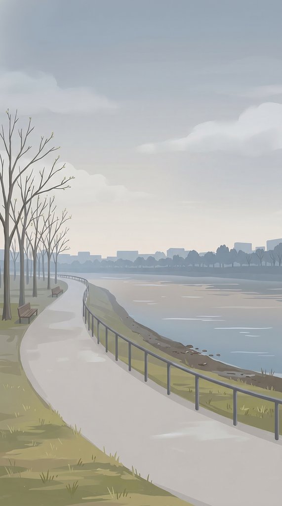 Late-Winter Riverside Path in Soft Overcast Light