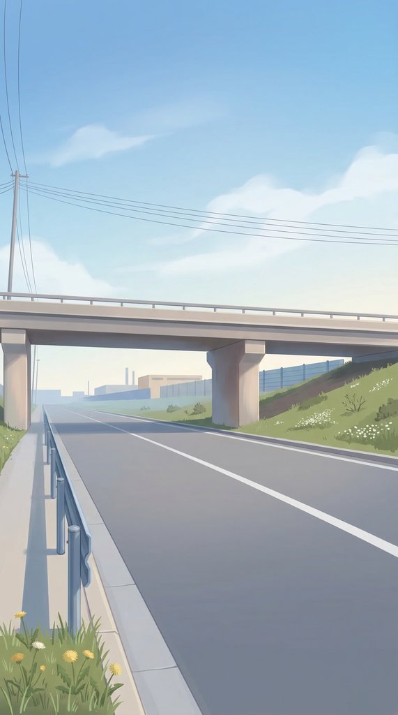Sunlit Overpass and Spring Highway Verge