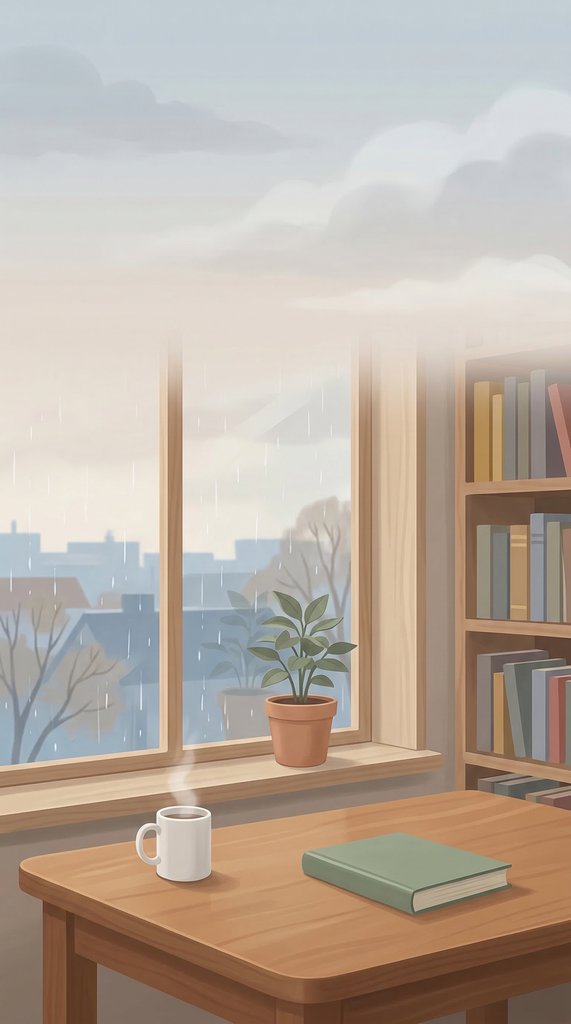 Quiet Library Corner with Rainy Window