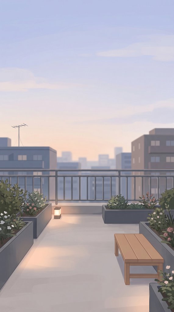 Early-Spring Rooftop Garden at Dusk
