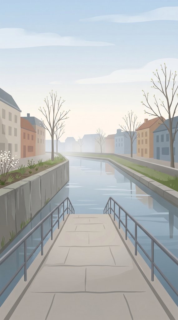 Early-Spring Canal Bridge in Morning Haze