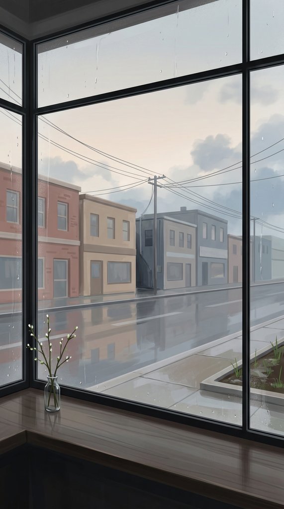 Rain-Washed City Street from a Café Window