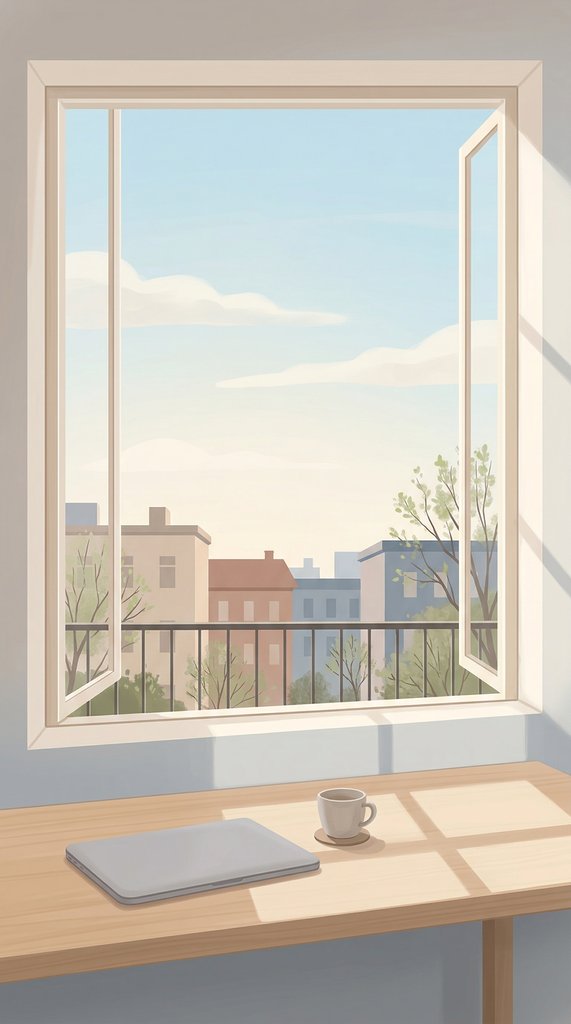 Minimalist Desk with Open Window to Early Spring