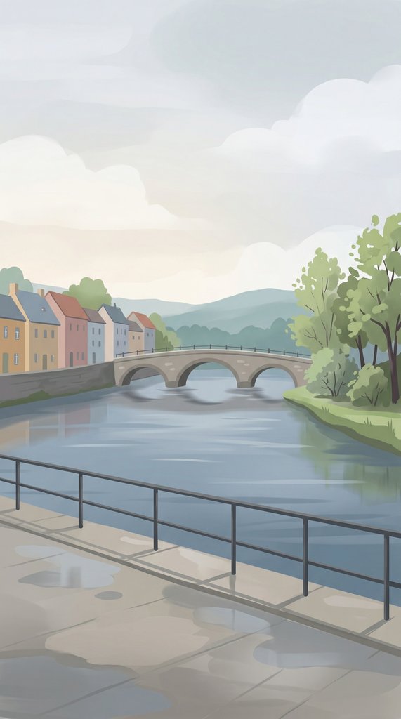 Spring Rain Over Small Town River Bridge