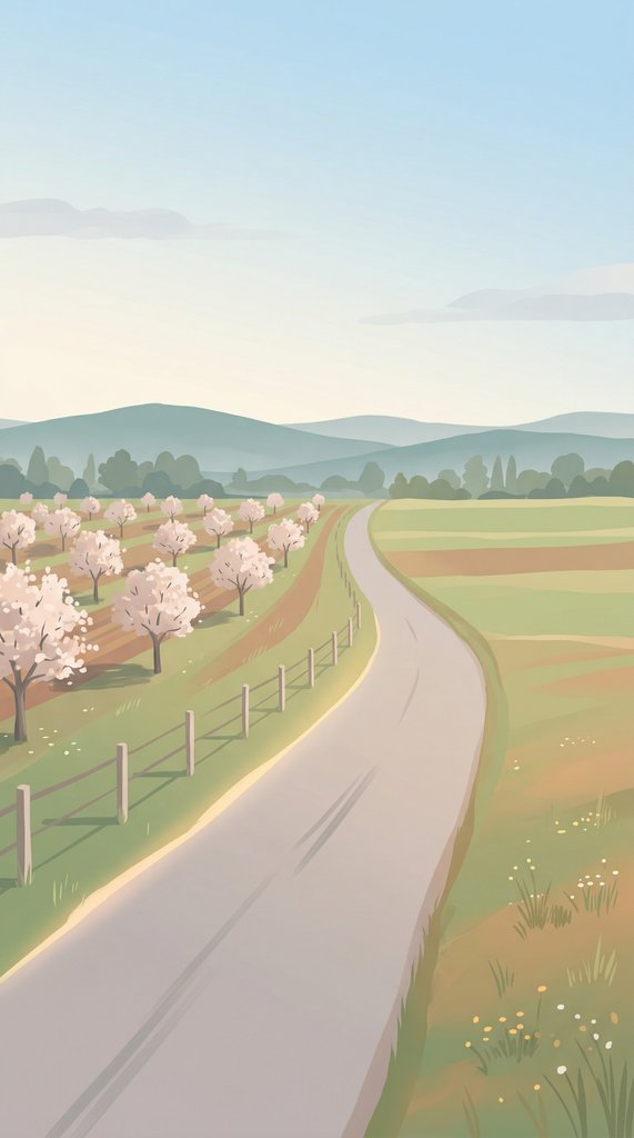 Quiet Country Road with Flowering Orchard in Early April